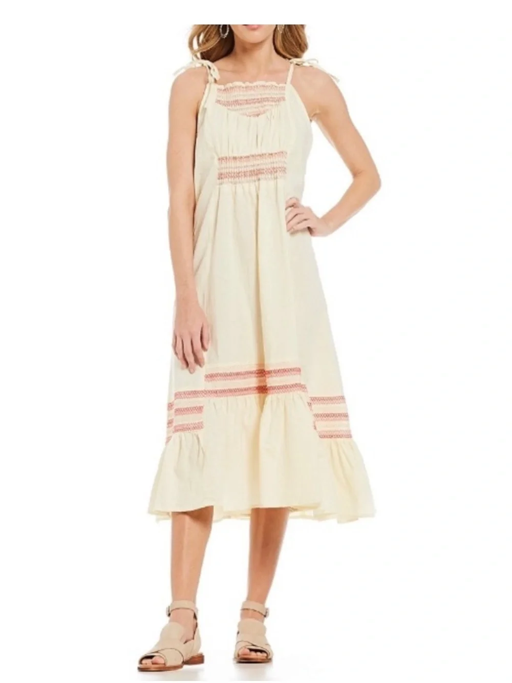 Free People Cream Smocked Tie-Strap Midi Dress with Pink Embroidery Size M